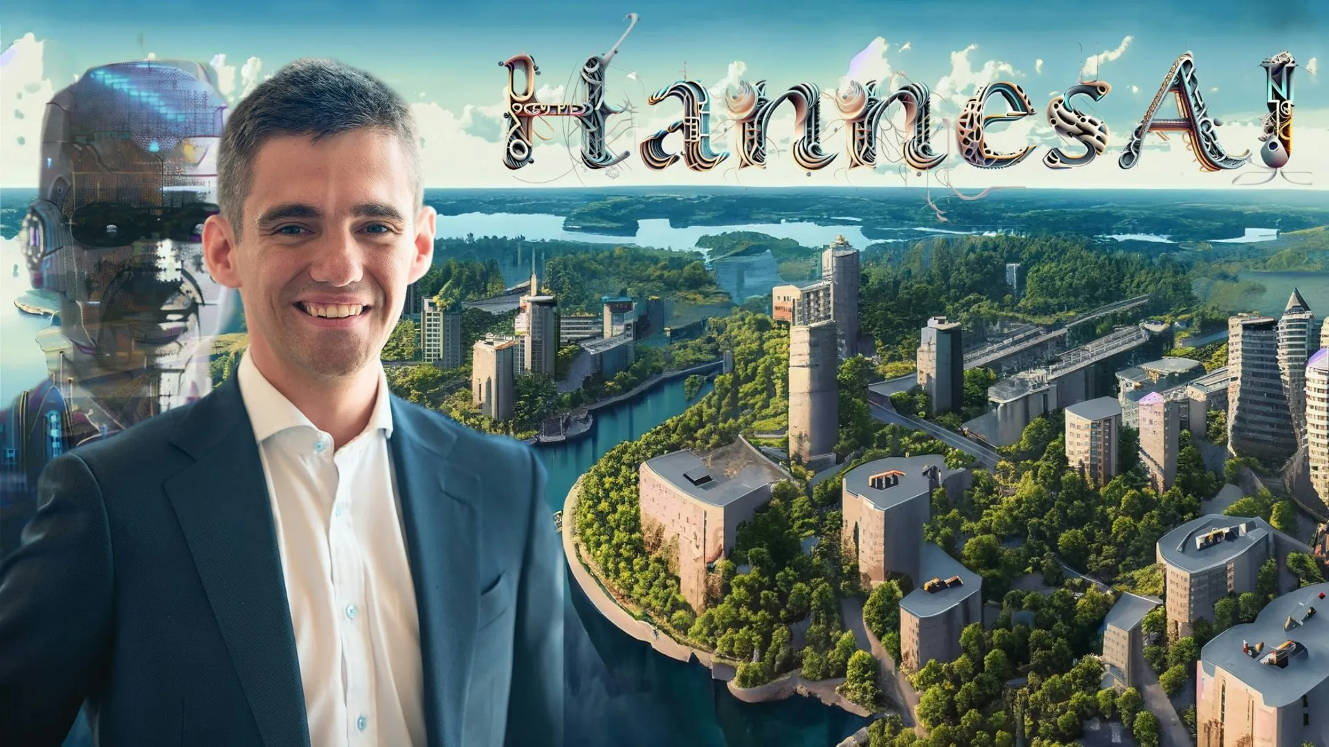 HannesAI, Hannes Wideteg samt en robotlikande figur bakom honom. I bakgrunden syns framtidens norden, om vi anammar AI-utvecklingen på rätt sätt.