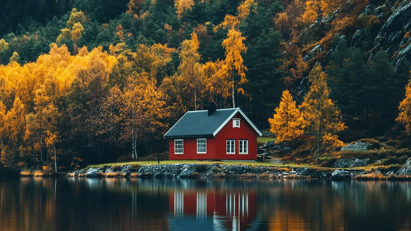 Nordisk stuga vid vattnet under hösten.